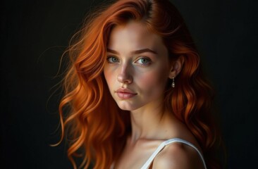 Fototapeta premium Young caucasian female with long red hair and soft expression in portrait