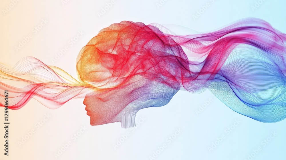 Poster abstract creative flow of ideas represented as colorful lines connecting multiple brains, idea netwo