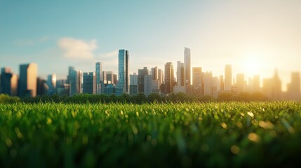 city isolated On lush green grass in warm sunny light
