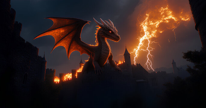 Fiery Dragon Descends Upon a Burning Medieval Castle
