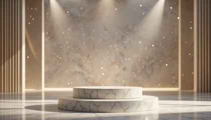modern marble podium in well lit space with sparkling background