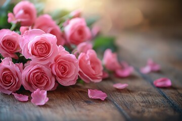 Obraz premium Mother's Day greeting on a wooden table with little pink flowers. Generative Ai