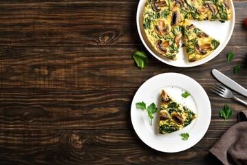 Frittata with spinach and champignon mushrooms