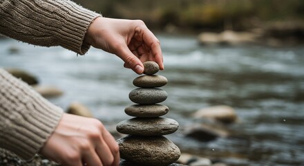 Hands stacking smooth, flat stones on each other by a river, symbolizing balance and mindfulness.