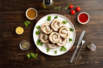 Sliced diet pork roll stuffed with mushroooms, sun dried tomatoes, spinach