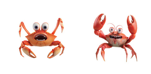 Two cartoon crabs displaying various expressions and colors with front claws raised noticeably