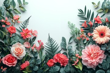 Obraz premium Vibrant blooms on an elegant floral border rich flora on a pale backdrop. Perfect for romantic themes for Mother's Day, Women's Day, Valentine's Day, or wedding invites. Generative&nbsp; Ai