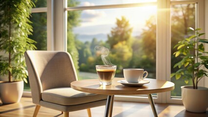 Serene morning sunlight streams through a large window illuminating a cozy chair and a small table with steaming coffee drinks, creating a peaceful atmosphere.