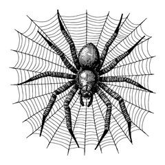Obraz premium Spider and Web in Detailed Engraving Style Black and White Outline Line Art Drawing Illustration