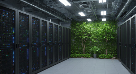 A futuristic data center with black server racks and a lush green wall, illustrating eco-friendly cloud computing, energy efficiency, and the integration of nature with technology