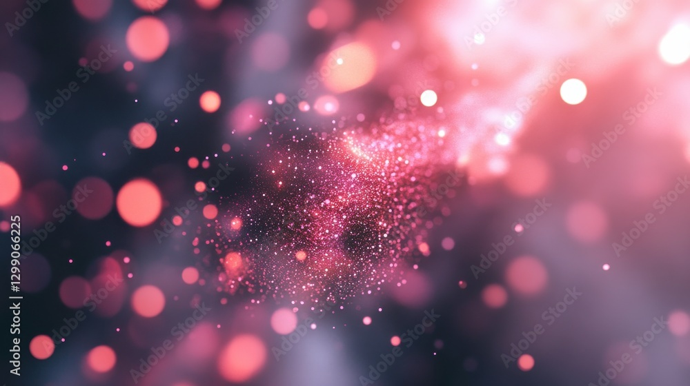 Poster abstract pink bokeh background with blurred lights and space for text, light grey and silver colors.