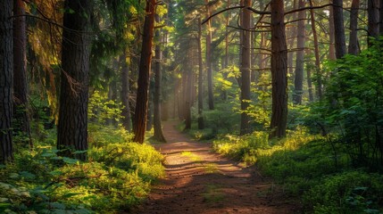 Fototapeta premium Forest trail with sunlight filtering through the canopy with