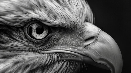 A striking black and white close up of and eagle, its intense gaze radiating power and precision.