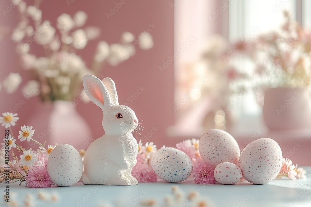Fototapete A minimalist backdrop for Easter Day. A few spring flowers, a little rabbit figure, and adorned eggs are among the Easter-related objects in the scene, which is softly pastel in hue. Generative Ai