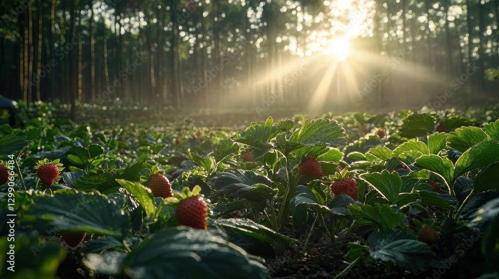 Poster a field of strawberries with the sun shining on them