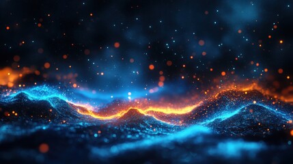 Obraz premium Abstract Digital Landscape with Glowing Blue and Orange Particles
