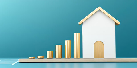 Minimalist house model with golden financial growth bars on blue background