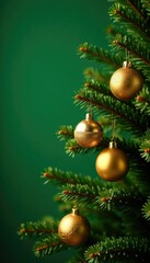 Obraz premium Golden ornaments on a bare evergreen tree against a shiny green backdrop, garland, foliage, natural