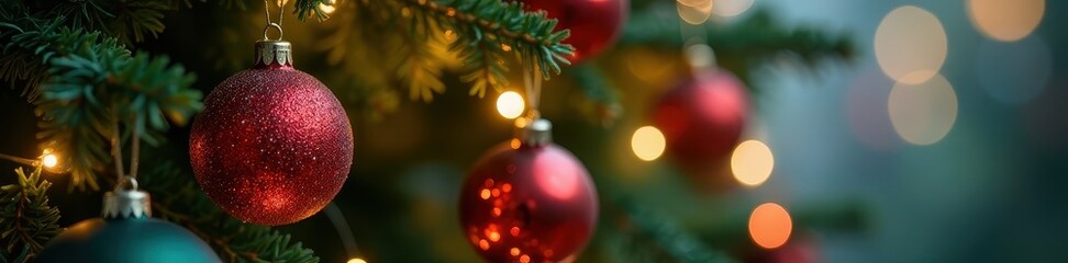 Close-up of glittering Christmas tree ornaments hanging on branches , sparkle, background, baubles