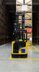 Forklift against the backdrop of shelves in a modern factory warehouse. 