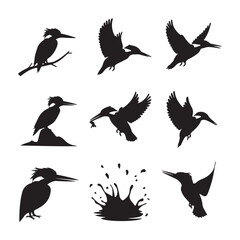 Black silhouette illustration of a kingfisher bird animal. kingfisher line art vector art illustrationkingfisher icon silhouette illustration with white background