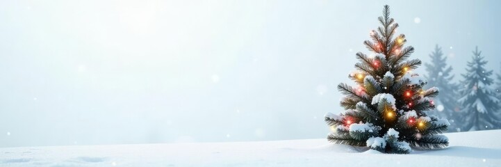 Snowy winter scene with Christmas tree on white background, snow, holiday decorations