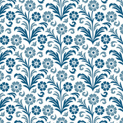 arabesque seamless blue floral pattern with ornamental vines and leaves for premium home textiles and wrapping

