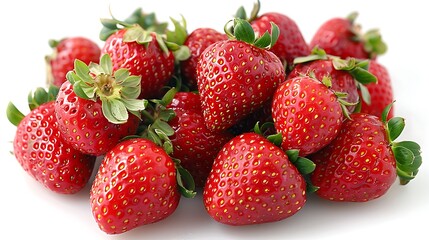strawberries on white background. Fresh Ripe Strawberries on a White Background - High-Quality Macro Shot. Juicy Red Strawberries with Green Leaves - Close-Up Food Photography.  Healthy Fruit Concept