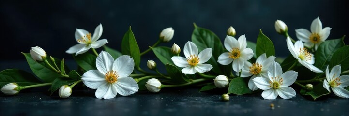 White flowers in full bloom on a dark and moody surface, black, serene, floral