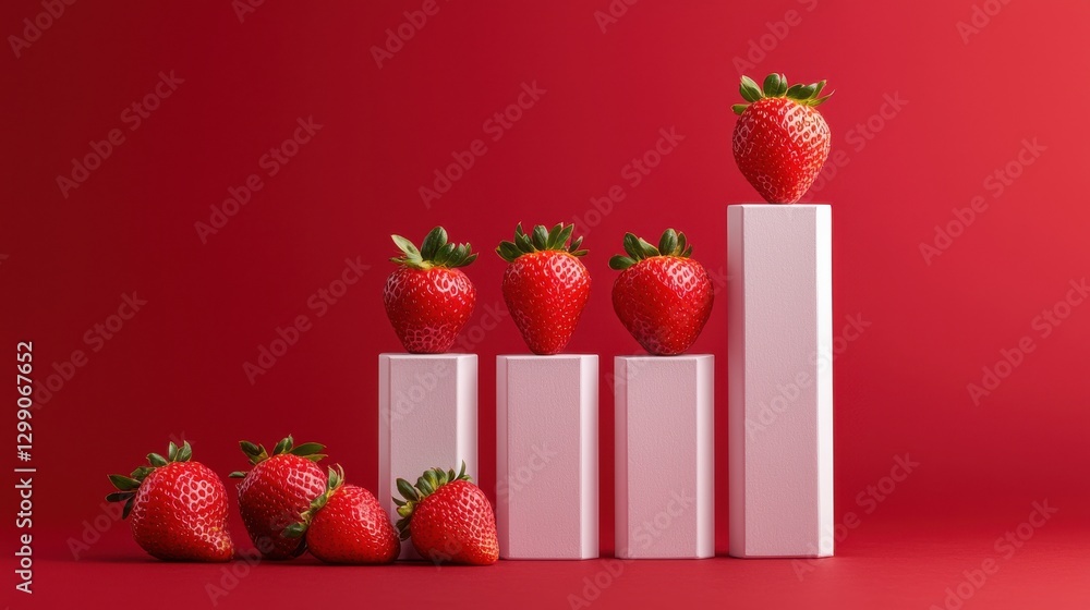Poster a row of strawberries on a white background with a red background