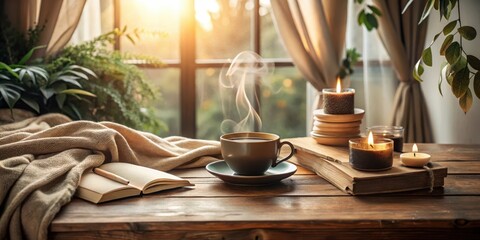 Warmth, Relaxation, and Tranquility A Cozy Scene with Steaming Beverage, Candles, and Open Book on Rustic Wooden Table by Window