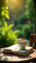 Outdoor cafe setting, book and coffee in sunlight, lush garden backdrop, tranquility, escape