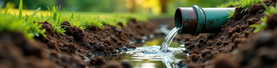 Pipe buried underground with water flowing out, irrigation, pipe, groundwater