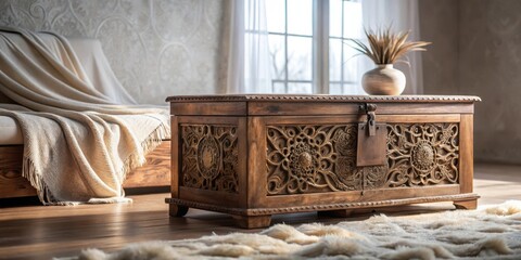 Intricately Carved Wooden Chest in a Serene Interior Setting, Adorned with Delicate Floral Patterns and Placed on a Soft Rug