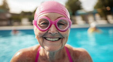 Fototapeta premium Happy senior woman wearing a pink swimming cap and goggles at a pool