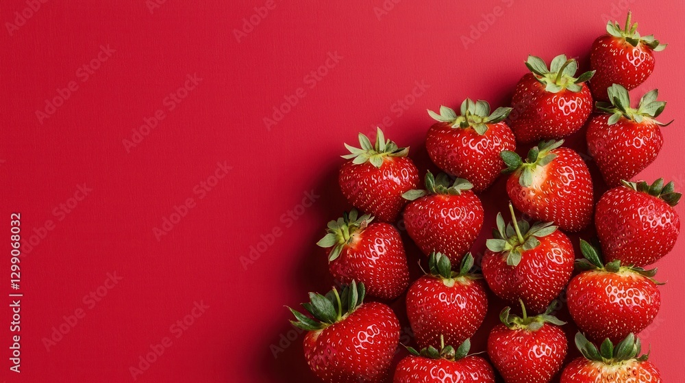 Poster a bunch of red strawberries are arranged in a row on a red background