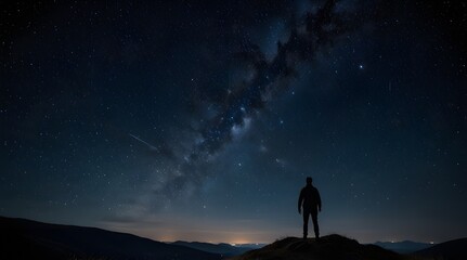 Silhouette of a man standing on a hill under a full moon and a starry sky. generative.ai
