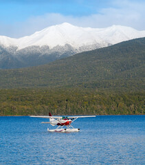 Scenic seaplane landing on a mountain lake, adventure seaplane flight over crystal-clear waters, peaceful seaplane journey with stunning alpine backdrop