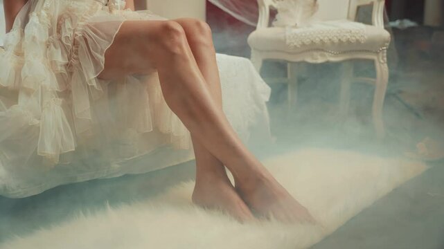 girl princess sitting on the bed sexy long legs bare feet close-up. Fairy tale noble lady. Fantasy woman elf queen, white room Victorian old style. Baroque vintage clothes. Regency era Rococo dress