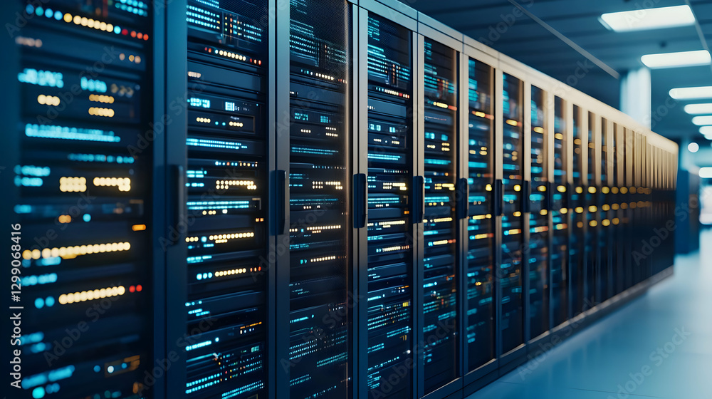Poster blue lit server racks in data center representing modern technology and network infrastructure