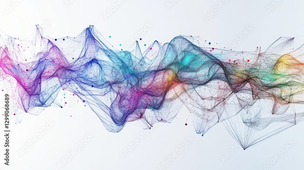 Poster abstract creative flow of ideas represented as colorful lines connecting multiple brains, idea netwo