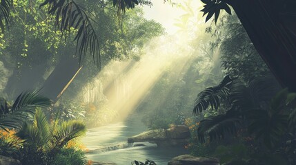 Obraz premium Sunlight Streaming Through Lush Green Jungle with Tranquil River