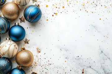 Beautiful display with copy space picture and blue and gold Christmas balls on a white background in a flat lay top view. Generative Ai