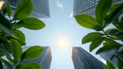 City skyscrapers, sun, green leaves, low angle