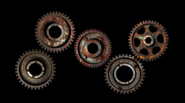 The appearance of gears that fold into a rotating mechanism. Rusty gears spinning. Futage on a transparent background.