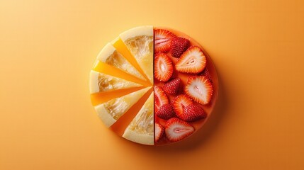 A slice of orange and a slice of strawberry are cut in half
