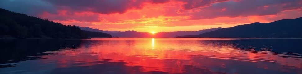 Obraz premium Fiery hues paint the lake's calm surface at sunset , lake, scene, reflection