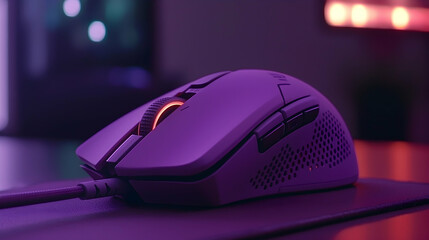 Purple gaming mouse on desk, RGB lighting, gamer setup background, ideal for tech articles or product reviews