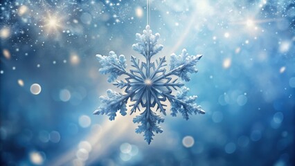 A shimmering ice crystal ornament hangs against a softly blurred winter scene, evoking a feeling of serenity and festive cheer.