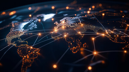 A network map with illuminated pathways linking cities and countries, symbolizing international business communication and the seamless flow of ideas and information globally.